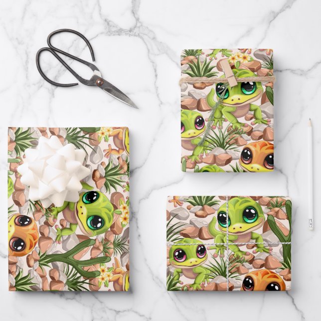 Hoja De Papel De Regalo Caracteres de dibujos animados de Baby Geckos Cute (Anverso)