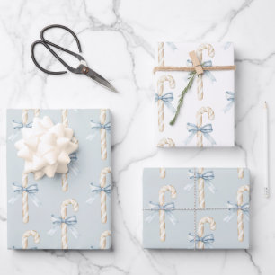 Hoja De Papel De Regalo Caramelos de Bastón de Crema Lazo Azul Navidad