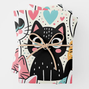 Hoja De Papel De Regalo Caras de gato kawaii lindas y corazones caprichoso