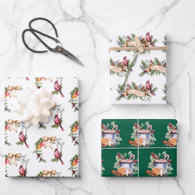 Hoja De Papel De Regalo Cardenales y Navidades del cacao (Anverso)