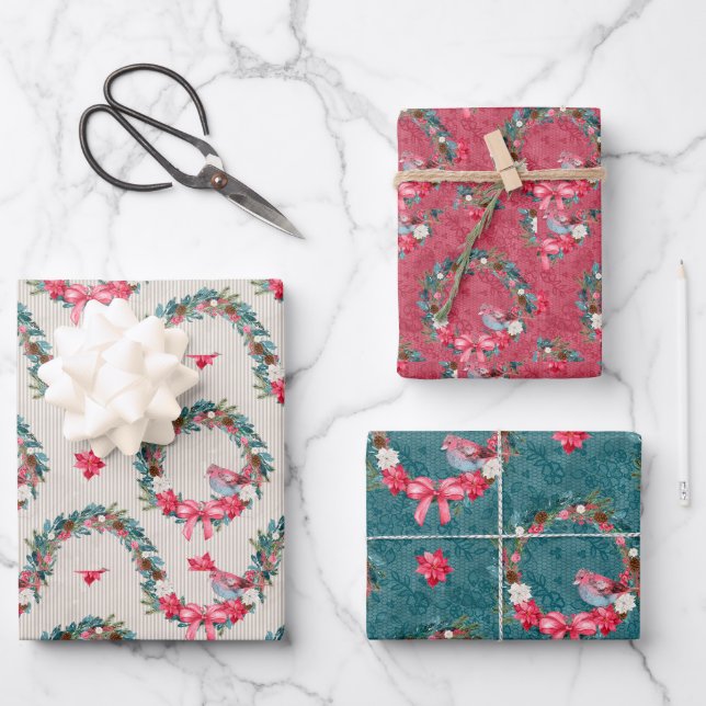 Hoja De Papel De Regalo Cardenales y Navidades Wreath (Anverso)