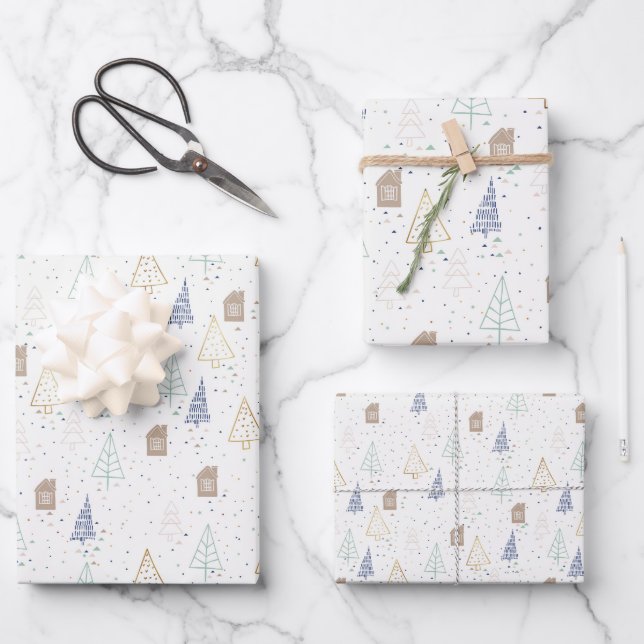 Hoja De Papel De Regalo Casa Boho y árboles de Navidad (Anverso)