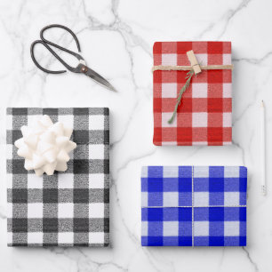 Hoja De Papel De Regalo Casa de Campo Rústica Cuadros Vichy Negro Azul Roj