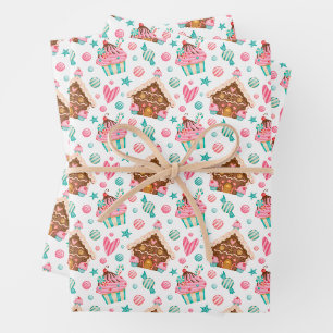 Hoja De Papel De Regalo Casa de pan de jengibre de Navidad, magdalenas, ca