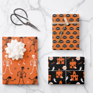 HOJA DE PAPEL DE REGALO CASA DE PELIGRO, ESQUELETO DE BAILE Y ESPIDADES