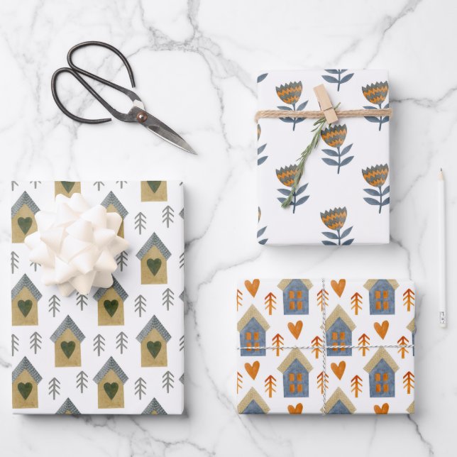 Hoja De Papel De Regalo Casas, corazones y flores (Anverso)