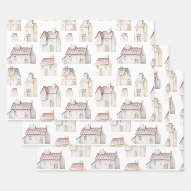 Hoja De Papel De Regalo Casas de acuarela (Set)