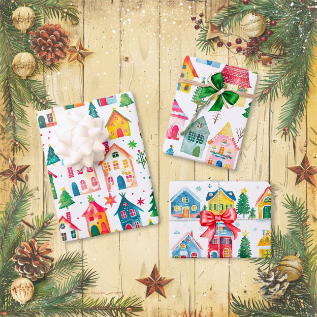 Hoja De Papel De Regalo Casas de Navidades Cutos (Cute Christmas Houses Wrapping Paper Sheets)