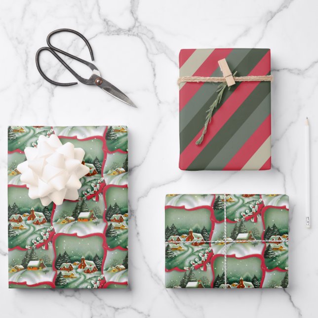 Hoja De Papel De Regalo Casas de Navidades Retro Snowy (Anverso)