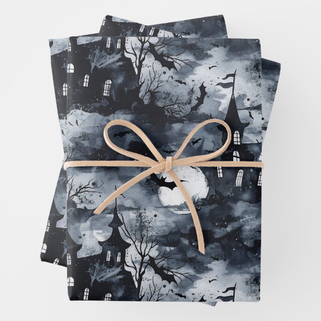 Hoja De Papel De Regalo Castillo de Halloween con luna y murciélagos gótic (In situ)
