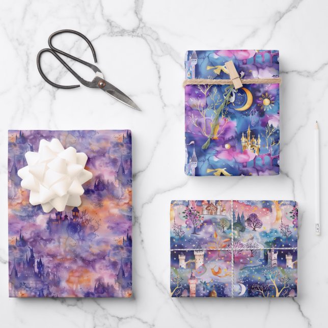 Hoja De Papel De Regalo Castillos de Hadas Morado (Anverso)