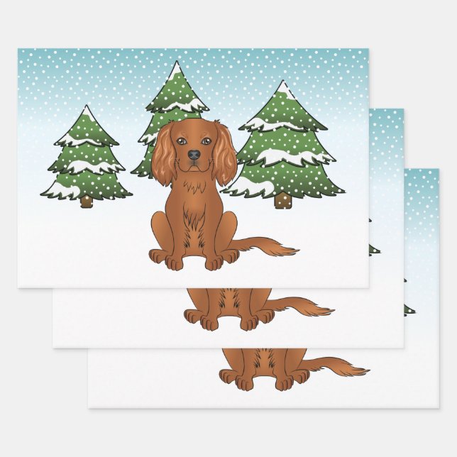 Hoja De Papel De Regalo Cavalier King Charles Spaniel rubí en invierno (Set)