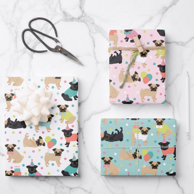 Hoja De Papel De Regalo Celebración de la fiesta de cumpleaños de Pug (Anverso)