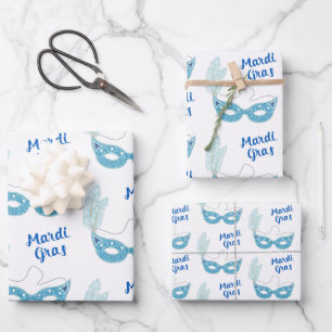 Hoja De Papel De Regalo Celebración del Mardi Gras Flores de máscaras azul