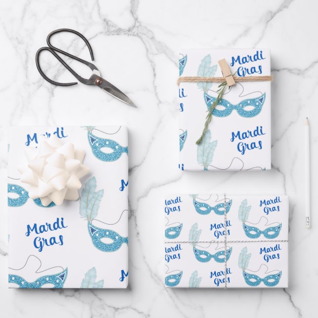 Hoja De Papel De Regalo Celebración del Mardi Gras Flores de máscaras azul (Anverso)