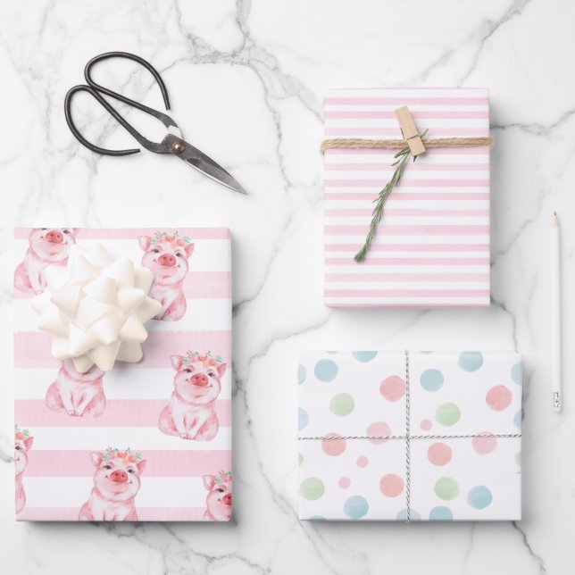 Hoja De Papel De Regalo Cerdo acuarela caprichosa (Anverso)