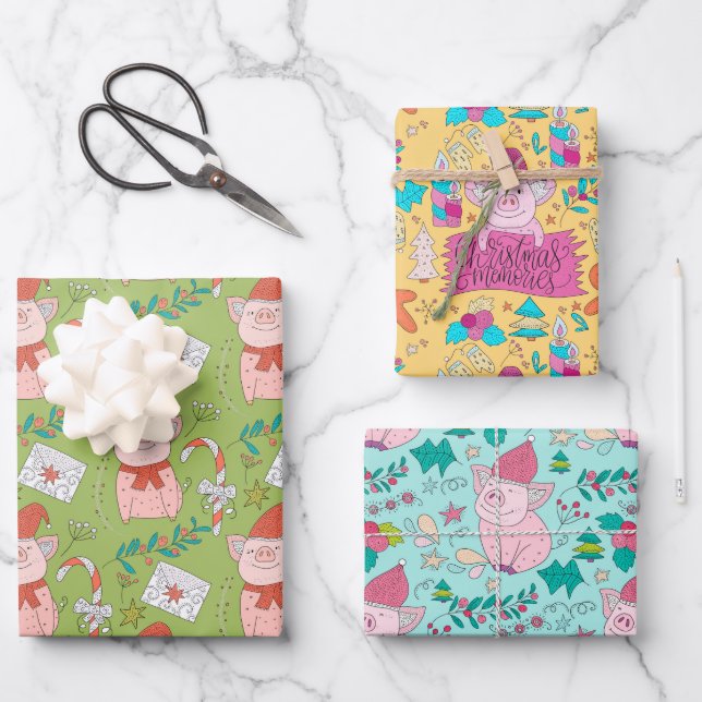 Hoja De Papel De Regalo Cerdos Navideños Festivos (Anverso)