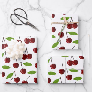Hoja De Papel De Regalo Cereza Roja, Patrón De Cerezas, Hojas, Fruta