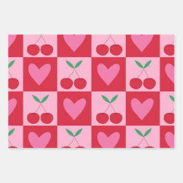 Hoja De Papel De Regalo Cerezas a cuadros con patrón de corazones rosas
