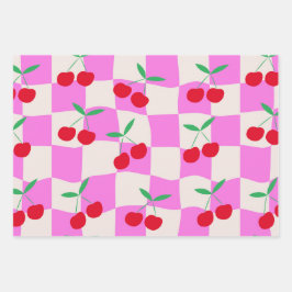 Hoja De Papel De Regalo Cerezas a cuadros en tableros de damas rosados def