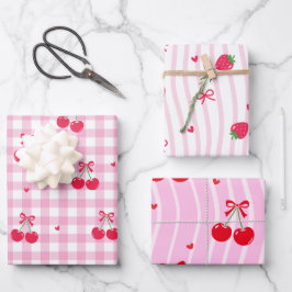 Hoja De Papel De Regalo Cerezas con cinta de corazón rosa