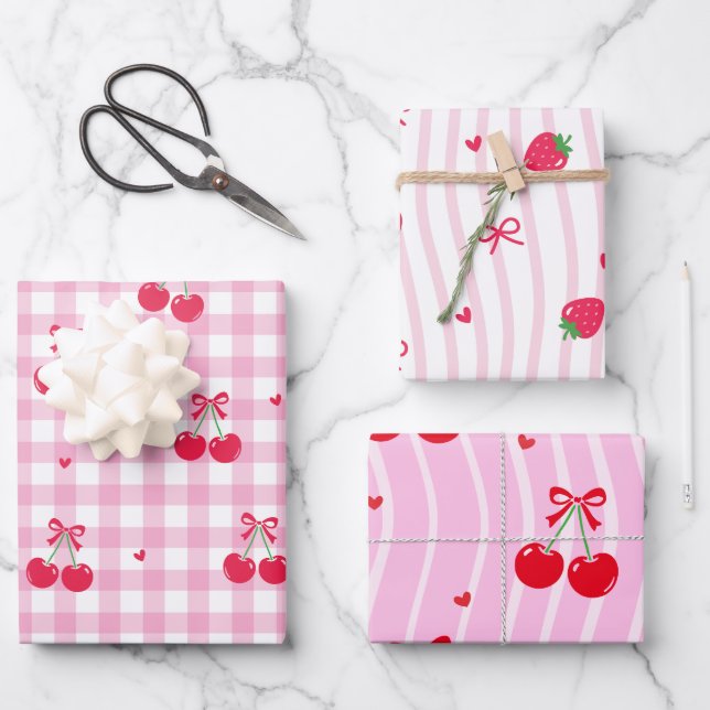 Hoja De Papel De Regalo Cerezas con cinta de corazón rosa (Anverso)