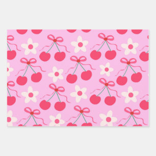 Hoja De Papel De Regalo Cerezas Coquetas con Lazos Rojos y Flores Blancas 