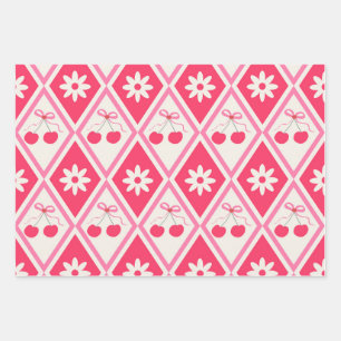 Hoja De Papel De Regalo Cerezas Coquette y lazos rosados sobre diamantes r