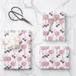Hoja De Papel De Regalo Cerezas Flamingo de Verano Pintadas a Mano Acuarel