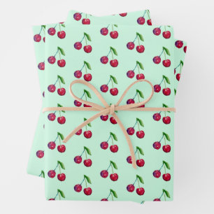 Hoja De Papel De Regalo Cerezas Rojas Retro Envase Verde Menta Navidad