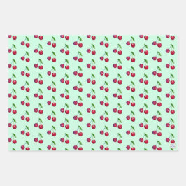 Hoja De Papel De Regalo Cerezas Rojas Retro Envases Verde Menta Navidad