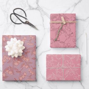 Hoja De Papel De Regalo Cerezas y cerezas de lechón rosadas y lilac pastel