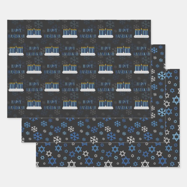 Hoja De Papel De Regalo Chalkboard Hanukkah Copos de nieve y estrellas (Set)