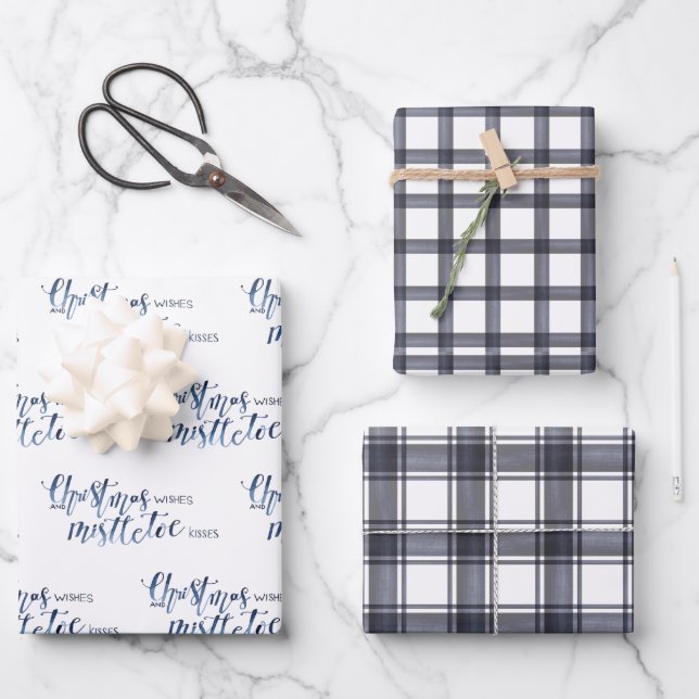 Hoja De Papel De Regalo Charcoal Plaid & Christmas Wishes Script (Anverso)