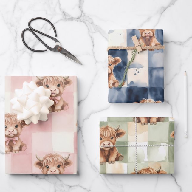 Hoja De Papel De Regalo Checkered Highland Cow pink green blue Gift Wrap (Anverso)