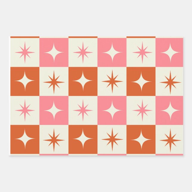 Hoja De Papel De Regalo Checkered Mid Century Atomic Stars Pink Orange  (Anverso)