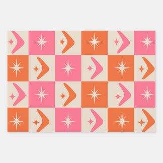 Hoja De Papel De Regalo Checkered Mid Century Boomerangs pink and orange 