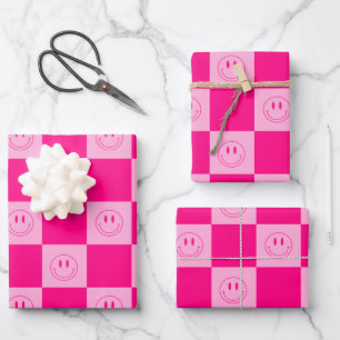 Hoja De Papel De Regalo Chequeado de moda y sonrisa feliz Groovy Hot Pink