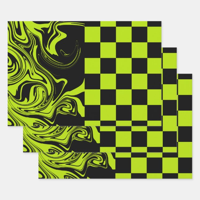 Hoja De Papel De Regalo Cheques y Swirls - Lime Green y Black (Set)
