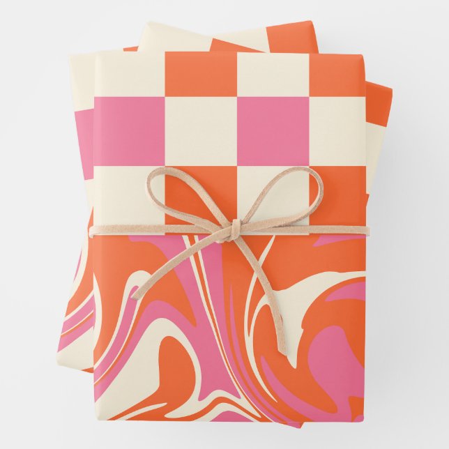 Hoja De Papel De Regalo Cheques y Swirls - rosa, Naranja y crema (In situ)