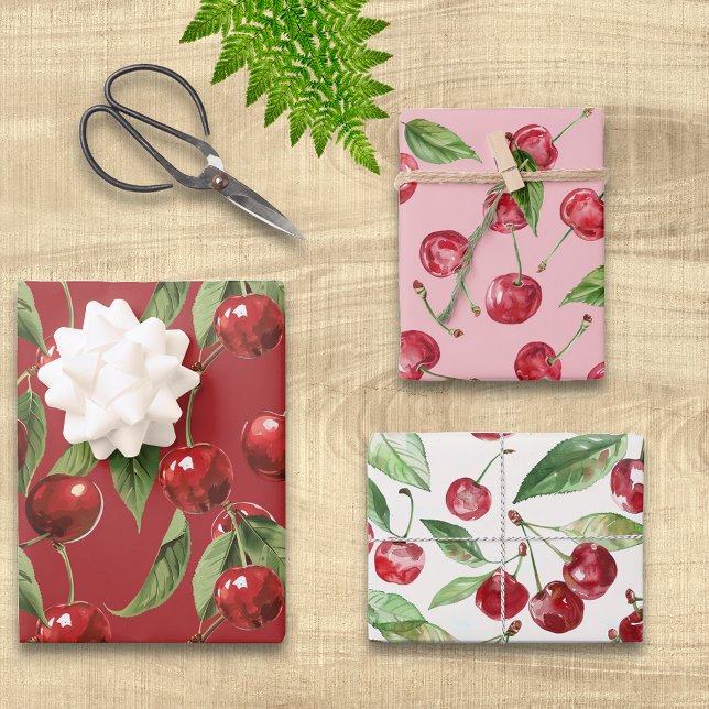 Hoja De Papel De Regalo Cherries Cherry Red Pink White Pattern (Subido por el creador)
