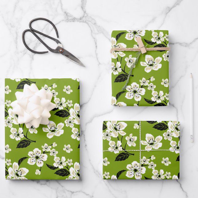 HOJA DE PAPEL DE REGALO CHERRY BLOSSOM - SAKURA (MATCHA GREEN) (Anverso)