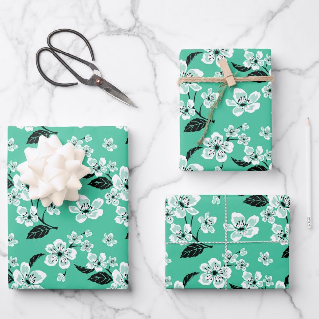 HOJA DE PAPEL DE REGALO CHERRY BLOSSOM - SAKURA (MINT) (Anverso)
