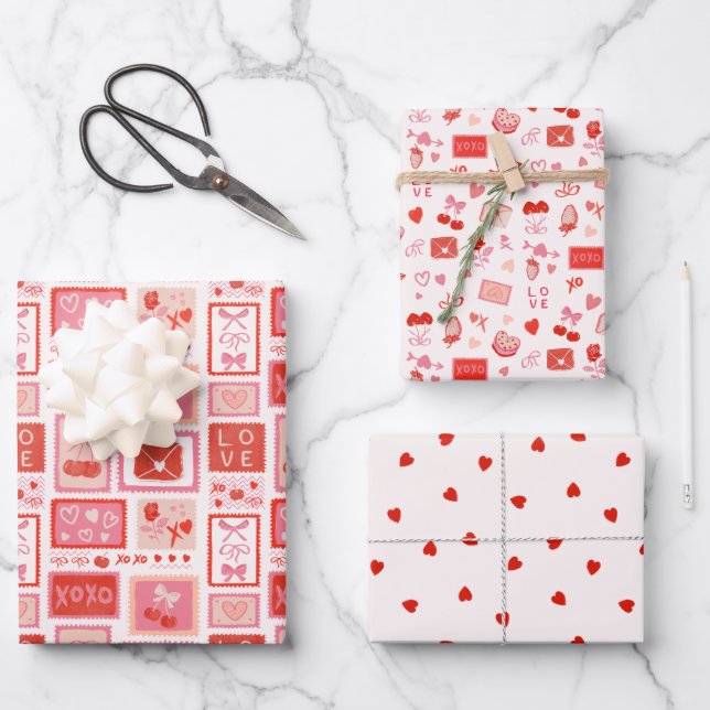 Hoja De Papel De Regalo Cherry Love Letters Valentines Hearts Bows (Anverso)