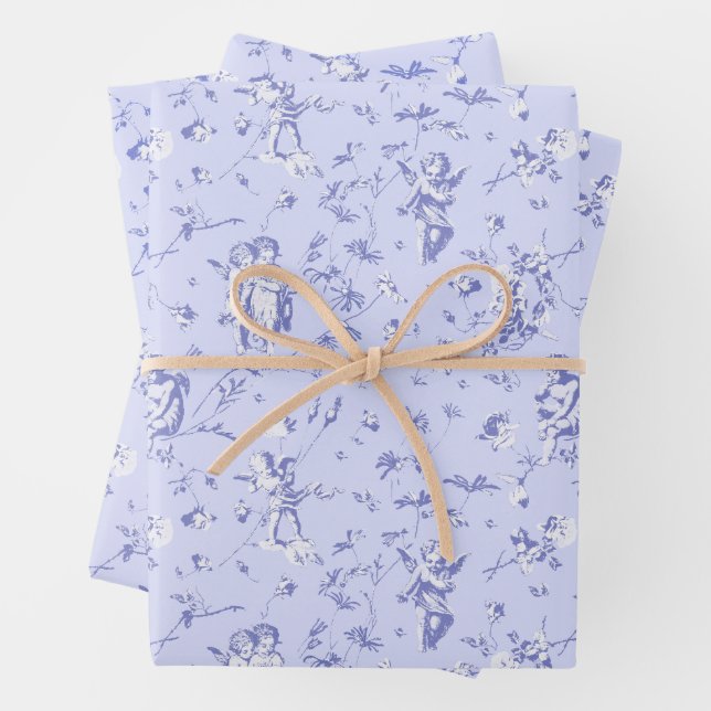 Hoja De Papel De Regalo Cherub Cupido Ángulos Azules Florales (In situ)