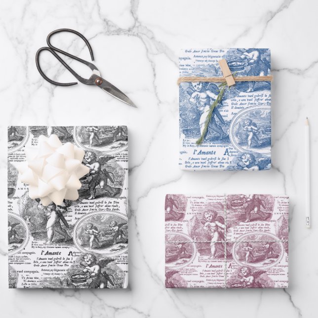Hoja De Papel De Regalo Cherubres enamorados de la romántica tela francesa (Anverso)