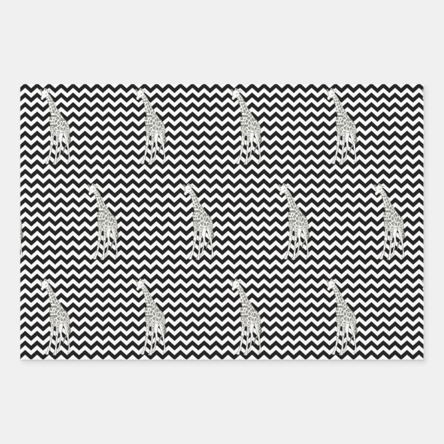 Hoja De Papel De Regalo Chevron de Safari Negro con jirafa de arte pop (Anverso)