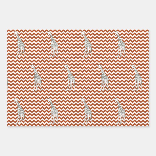 Hoja De Papel De Regalo Chevron de Safari Rojo oxidado con jirafa de arte  (Anverso)