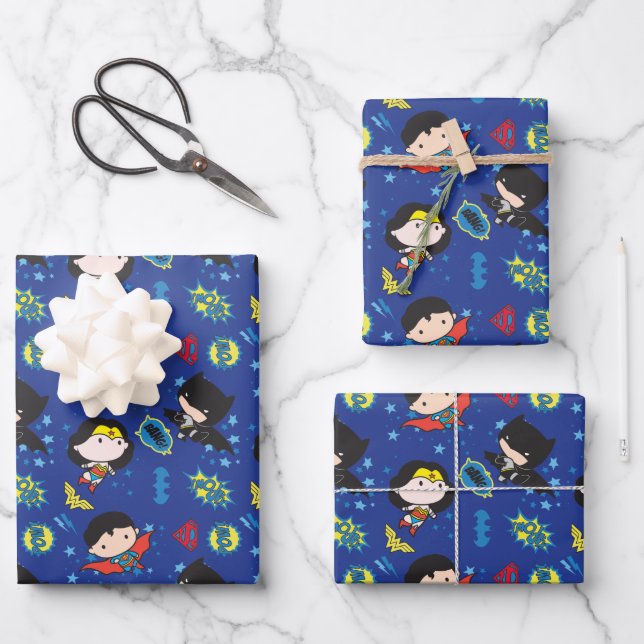 Hoja De Papel De Regalo Chibi Wonder Woman, Superman y Batman Pattern (Anverso)