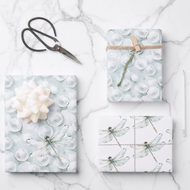 Hoja De Papel De Regalo Chic Blue Dragonfly Dream Birthday (Anverso)